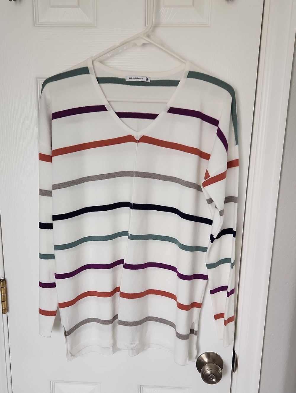 White Multi-Stripe V-Neck Sweater